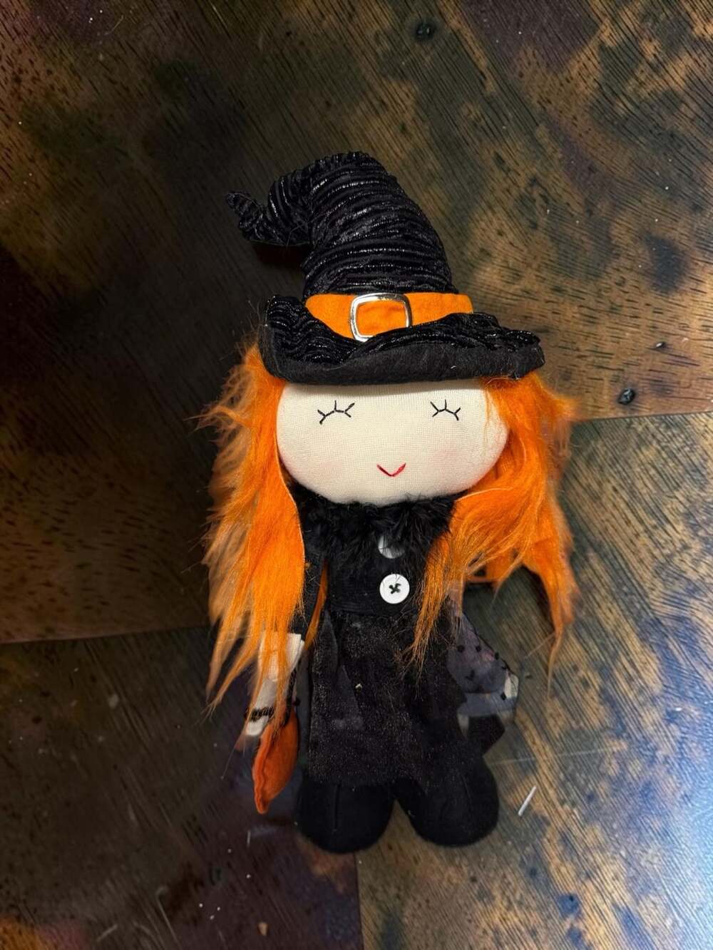 Halloween Witch Shelf Sitter Plush Doll Orange Hair Black Hat 14"